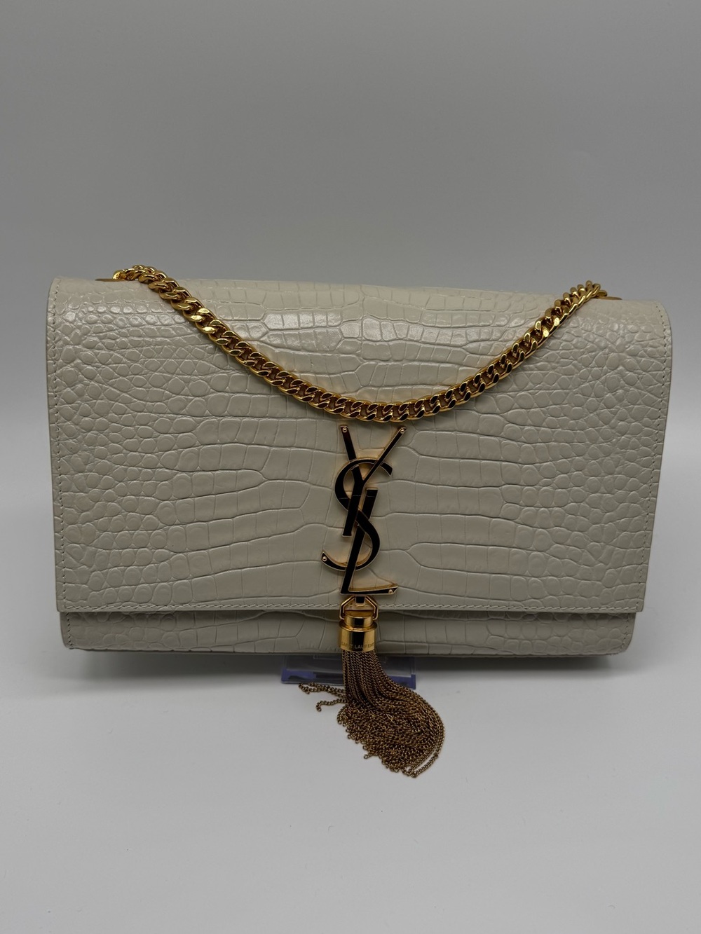 Saint Laurent (YSL) Kate Medium Croc-Embossed Tassel Shoulder Bag